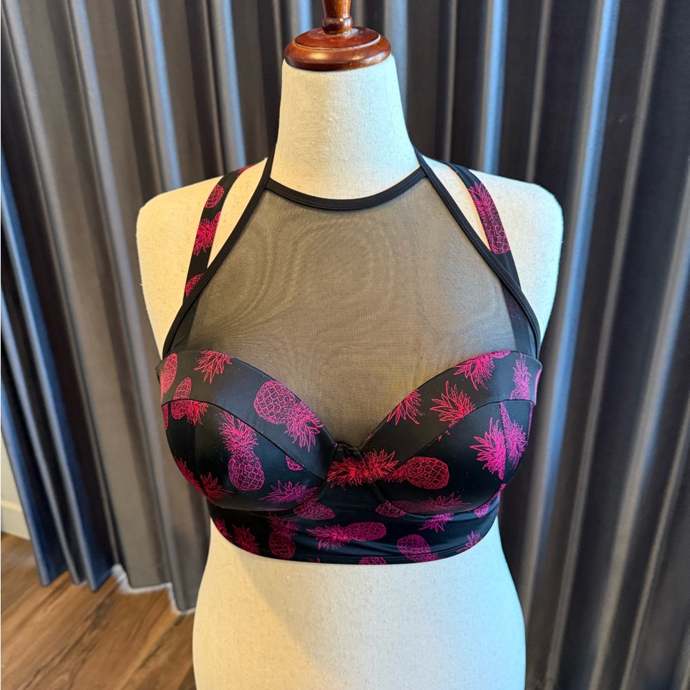 Torrid Black and Pink Halter Bikini with Mesh